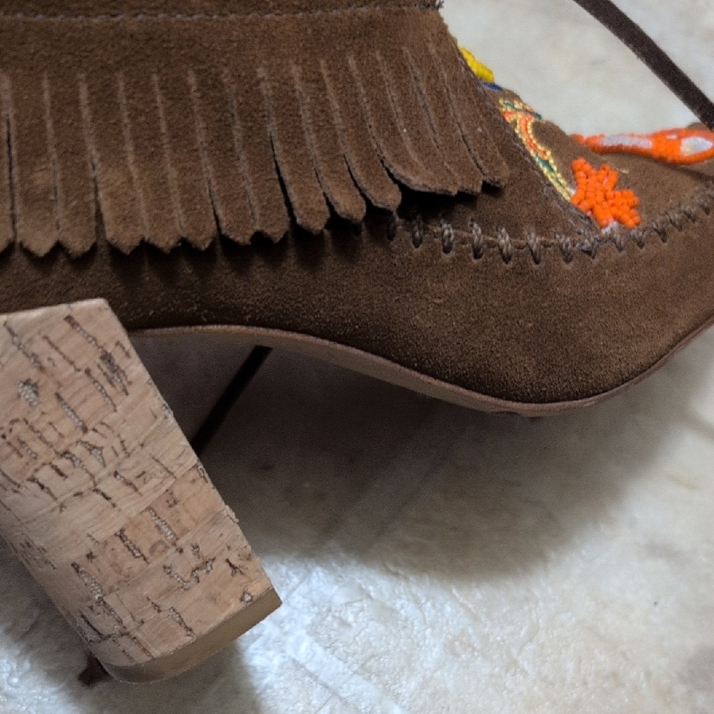 Tory Burch Huntington Fringe Embroidered Brown Suede Women's Shoes Booties‎ - Picture 6 of 10
